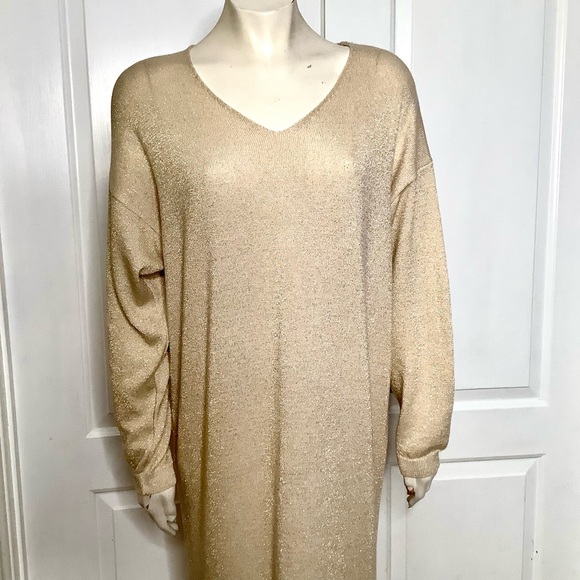 Alchemia Tricot gold shimmer Maxi sweater dress, elegant metallic knit V-neck - Picture 2 of 12